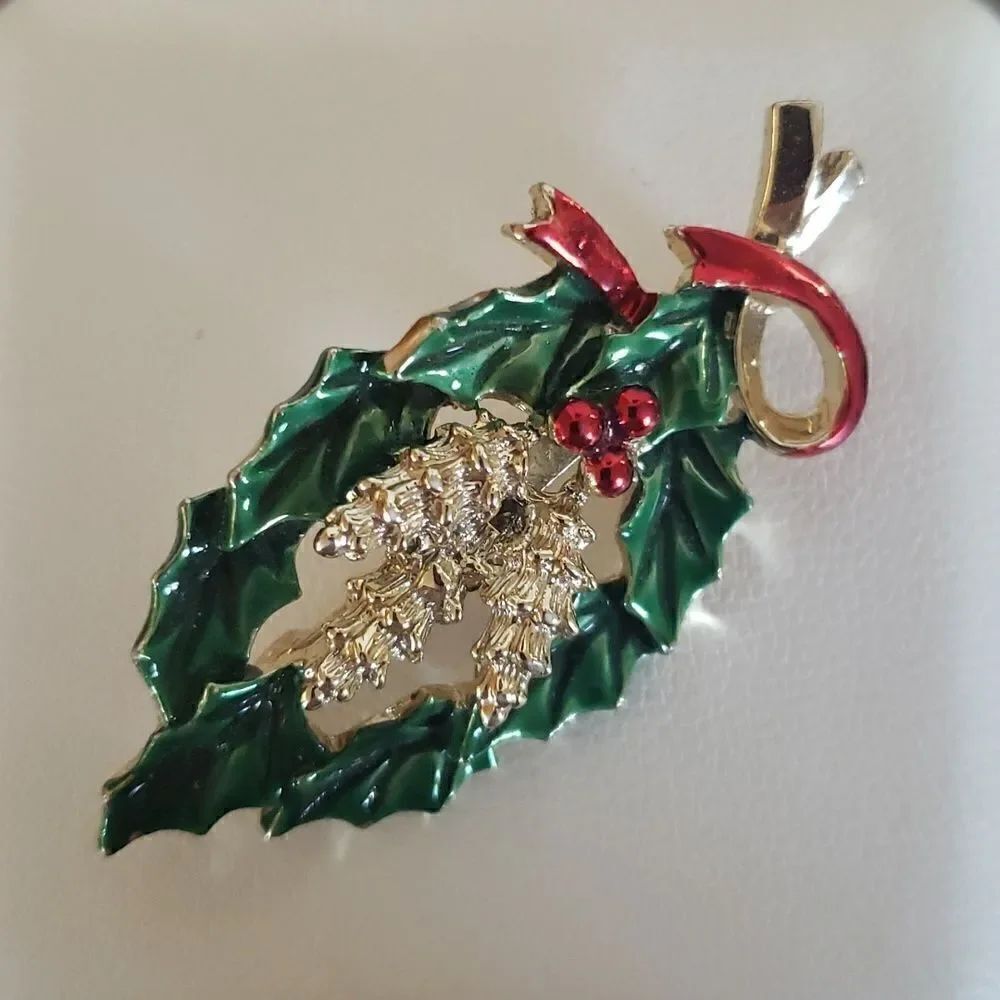 Christmas Holiday Holly Leaves Pine Cones Red Ribbon Pin Brooch